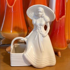 Vintage Cream U.S.A Pottery Girl with Hat & Basket Planter